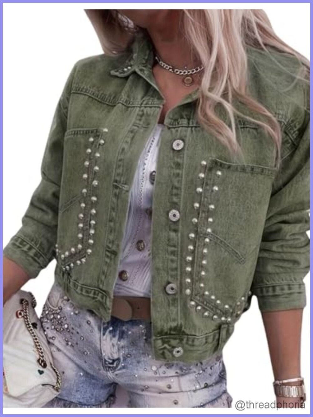 Rivet Studded Denim Jacket Cotton Polyester Cropped Trucker Coat